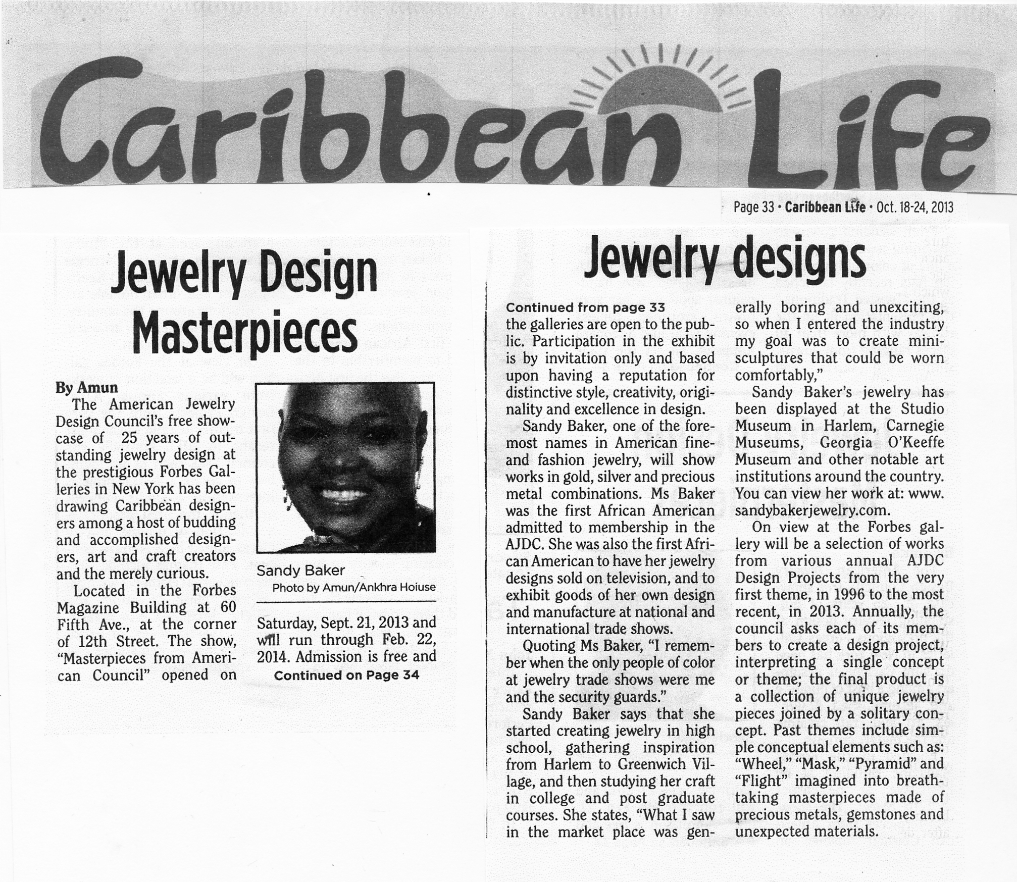 Caribbean newspaper writes about Sandy Baker