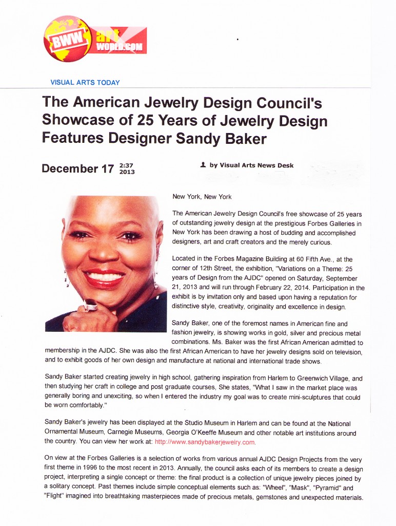 BroadwayWorld.com writes about American Jewelry Design Council & Sandy Baker