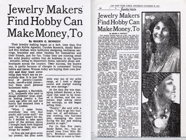 Jewelry Makers Find Hobby Can Make Money, Too, by Shawn G. Kennedy, in The New York Times, October 16, 1975. Sandy turned a hobby into a business.
