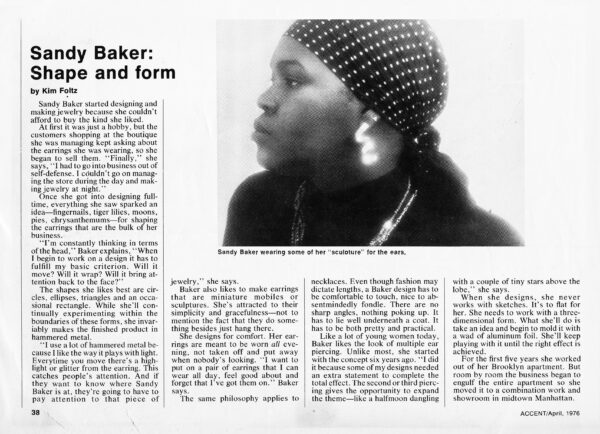Sandy Baker: Shape and form, by Kim Foltz, in Accent Magazine, April 1976. Sandy wearing some of her sculpture for the ears. A Shawn Walker photo.