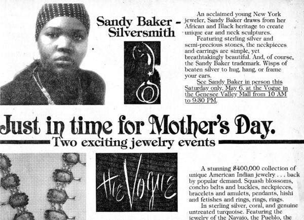 Sandy Baker, silversmith, appearing in person at the Vogue in the Genesee Valley Mall on Saturday, May 6, ahead of Mother's Day. A Shawn Walker photo. Sandy has always enjoyed connecting with the people who collect her work.