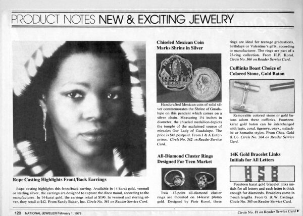 Rope Casting Highlights Front/Back Earrings, in National Jeweler, February 1, 1979. The front and back earring was made in fourteen-karat gold and in sterling silver.