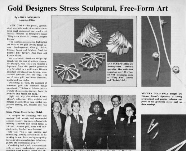 Gold Designers Stress Sculptural, Free-Form Art, by Abby Livingston in National Jeweler. Sandy with her colleagues in the jewelry industry at Intergold's Ring in the Holidays Jewelry Designer Forum.