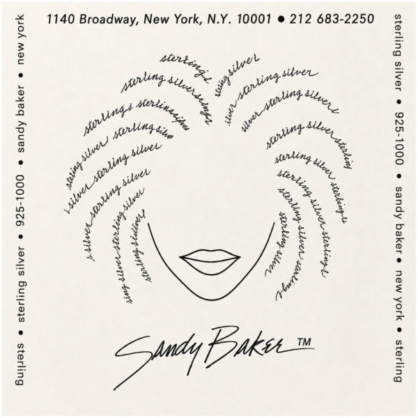 Sandy, the undisputed Queen of earring design. Her trademark drawing, with the hair written out in sterling silver, from 1140 Broadway, New York.