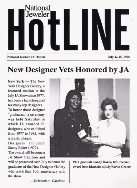Sandy featured in National Jeweler, receiving the Blenheim Award.