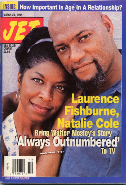 Natalie Cole wearing a Sandy Baker bracelet on the cover of Jet, March 23, 1998, with Laurence Fishburne. Celebrities wear her designs in their day-to-day lives.