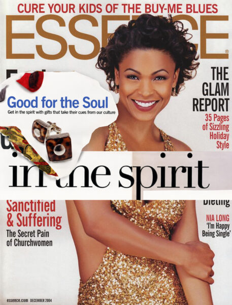 Sandy introduces her first designs for men. Her square tortoise-shell cufflinks in the In the Spirit gift guide, Essence, December 2004, with Nia Long on the cover.