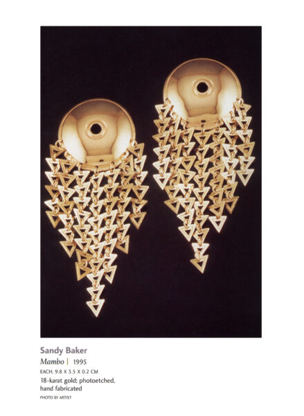 Her MAMBO Earrings, designed in 1991, in the book 500 Earrings: New Directions in Contemporary Jewelry. Eighteen-karat gold, photoetched and hand fabricated. Photograph by the artist.